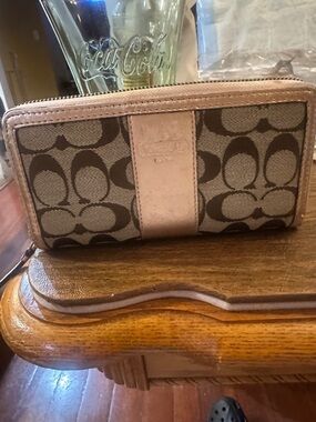 Coach Brown & Tan Signature Canvas Zip Wallet with a touch of rose gold